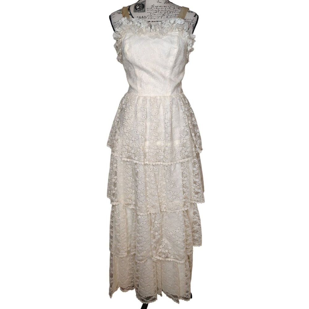Vintage Candi Jones California Cream Lace Tiered Ruffle Dress XS, Small Romantic
